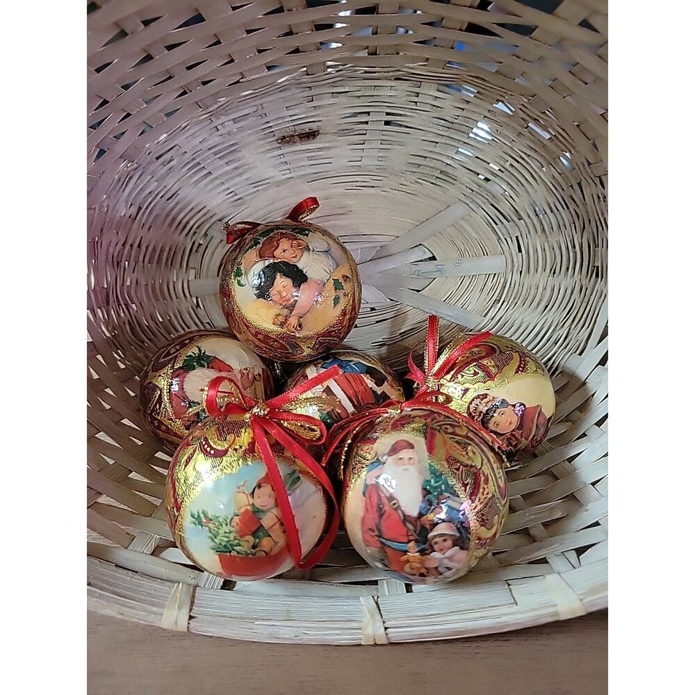 Vintage Heirloom Christmas Ornaments Victorian Style Decoupage 6 Piece